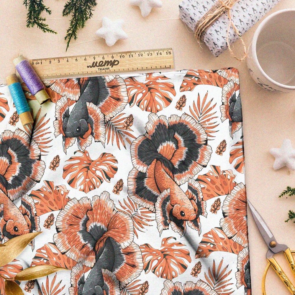 Ткань ниагара крупные красные рыбы и листья на белом фоне