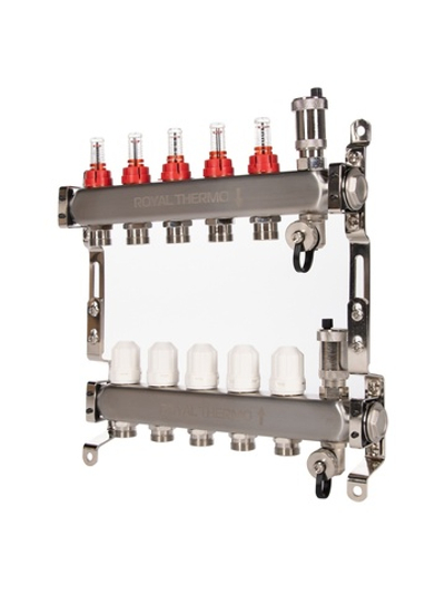 Коллектор Royal Thermo нерж. в сборе с расходомерами 1" ВР-3/4" НР с автомат. воздухоотвод-ми 5 вых.