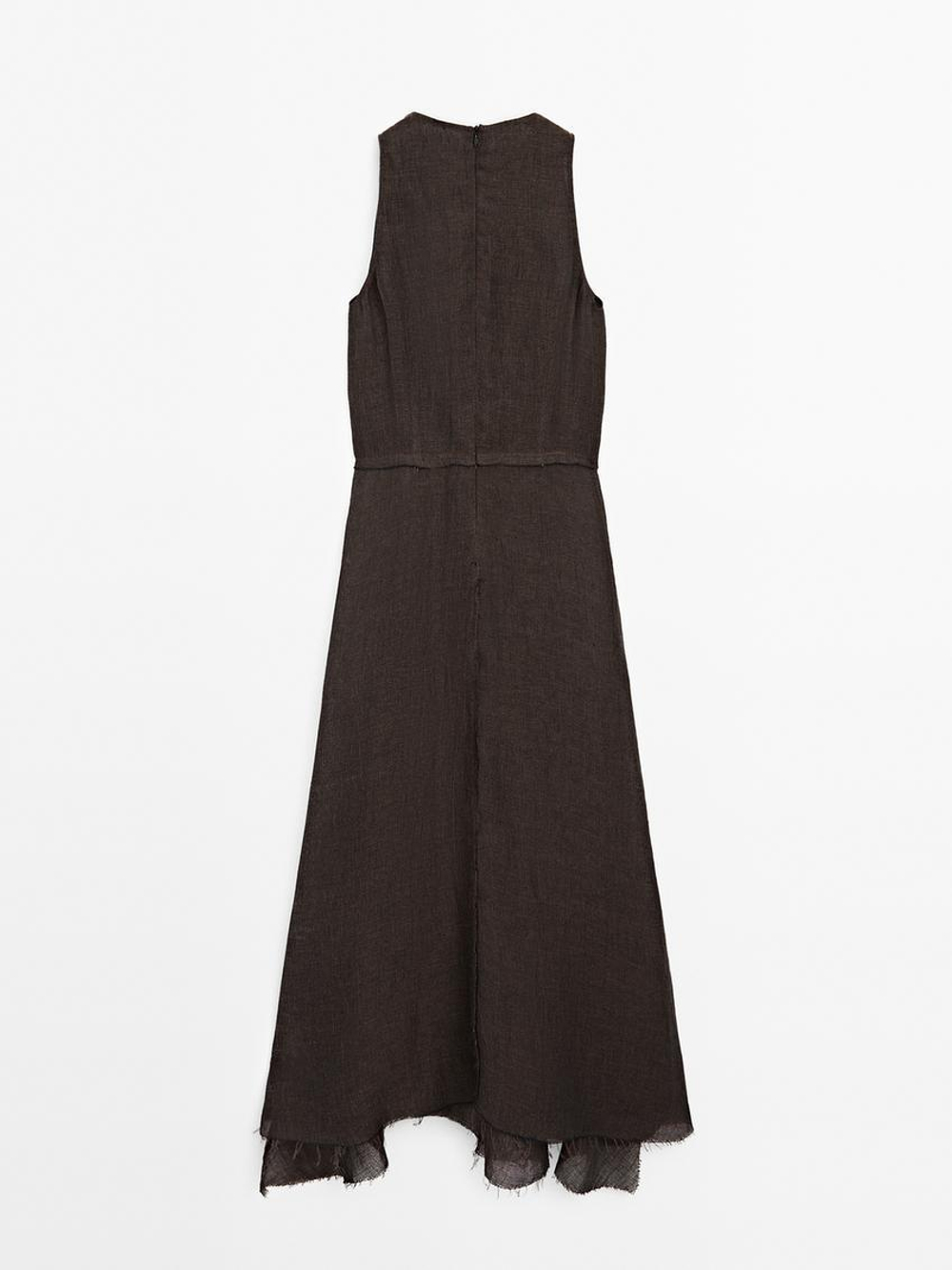 Massimo Dutti Платье миди из 100% льна с бахромой , шоколадно-коричневый