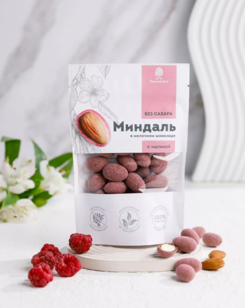 Миндаль в молочном шоколаде без сахара с Малиной / 60 г / дой-пак / ТМ Сибирский кедр