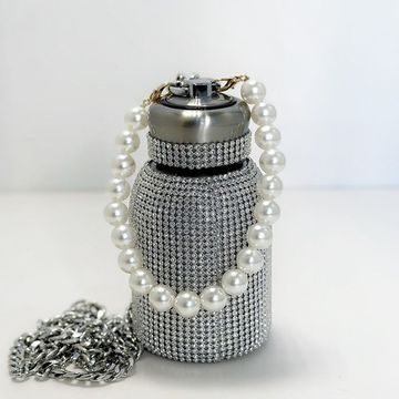 Термос-бутылка со стразами и жемчугом, цвет серебро, 300 мл