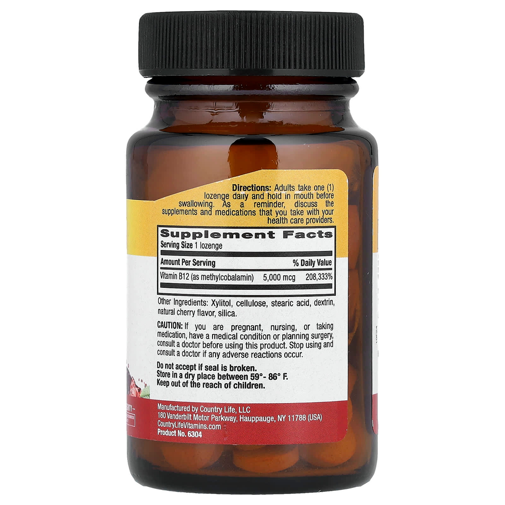Country Life, метилированный витамин B12, со вкусом вишни, 5000 мкг, 60 пастилок