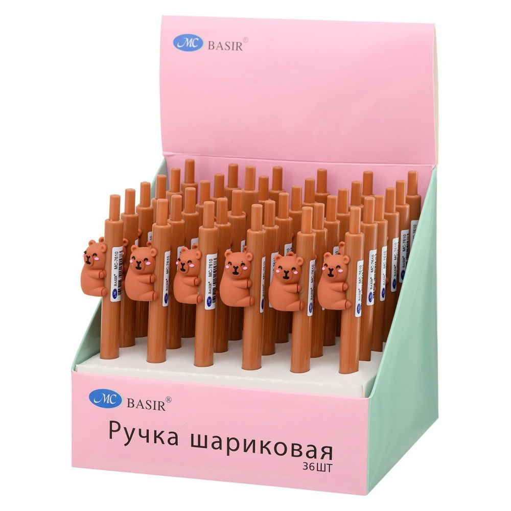 Ручка шариковая, автоматическая, Basir, синие чернила, серия "Капибара", с фигуркой на корпусе, 36 шт