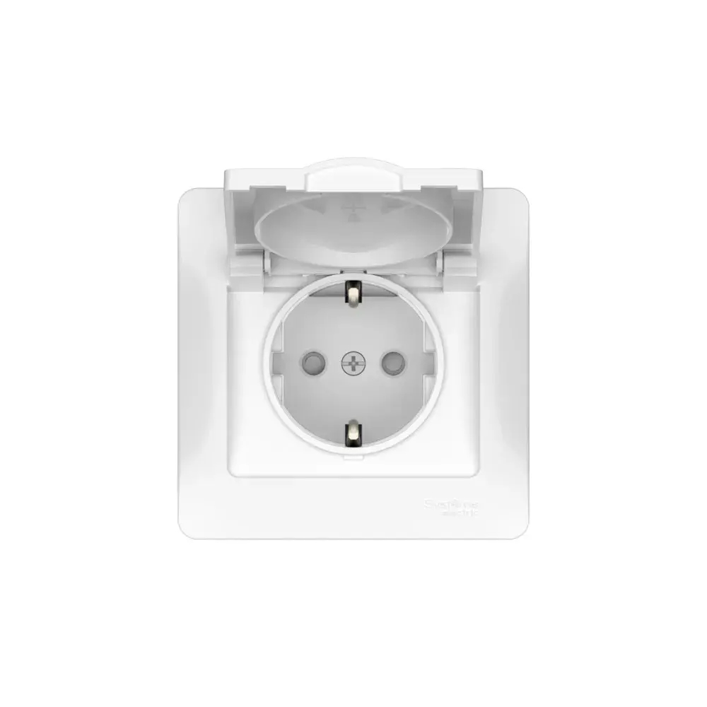 GLOSSA РОЗЕТКА с заземлением со шторками с крышкой, 16А, IP20, в сборе, быстрозажим. клем., БЕЛЫЙ