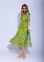 Женское зелёное платье миди с цветочным принтом