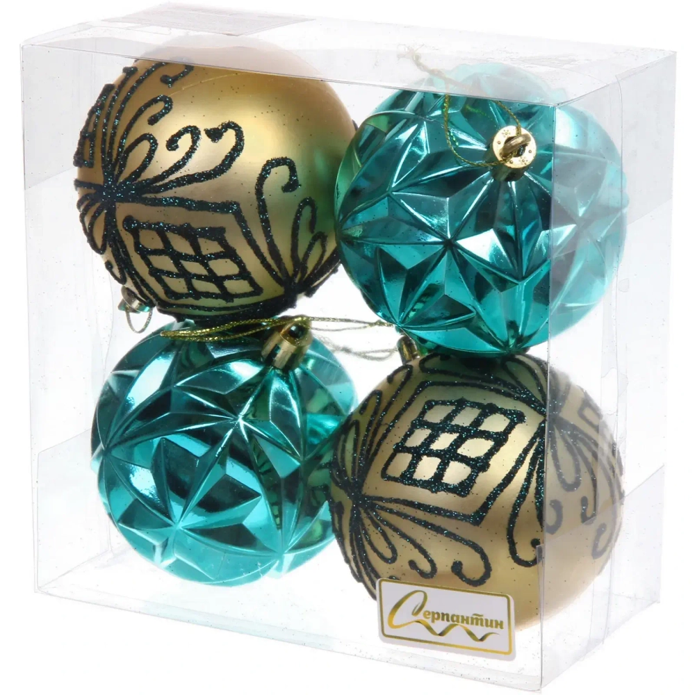 Новогодние шары 7 см (набор 4 шт) «Симфония леса», лазурно-голубой/золото