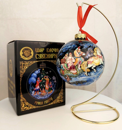 Шар новогодний с круговой росписью  Палех  "Зимние гуляния" в коробке