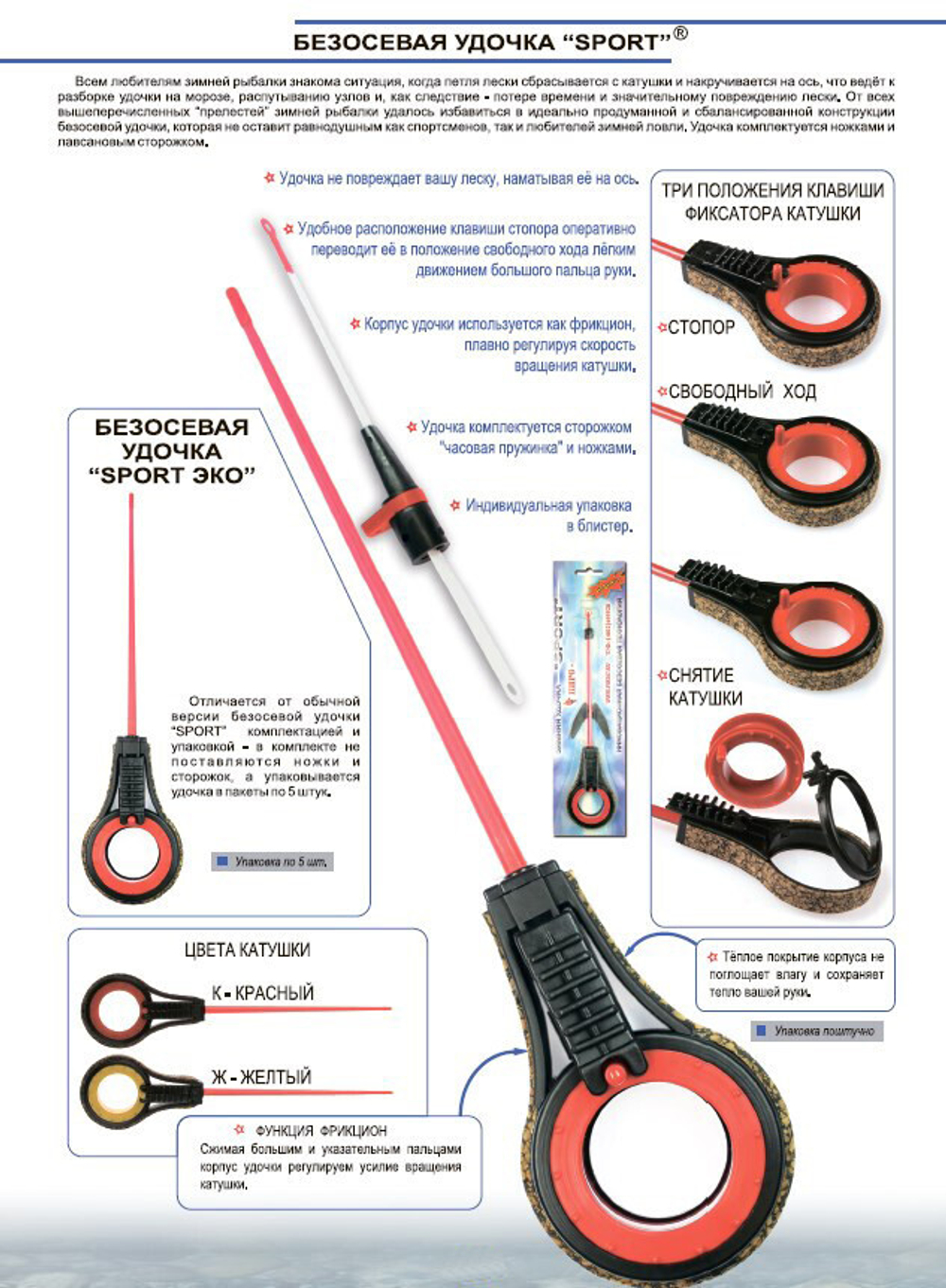 Удочка для зимней рыбалки ПИРС безосевая "Спорт" черно-красная, (упк. 5шт.) (удочка зимняя)