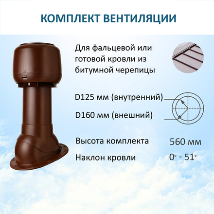 Комплект вентиляции: Вентиляционный выход изолированный D125/160 утепленный высота H=500 мм, проходной элемент SKAT для фальцевой и готовой кровли из битумной черепицы, колпак вентиляционный D160 мм, коричневый