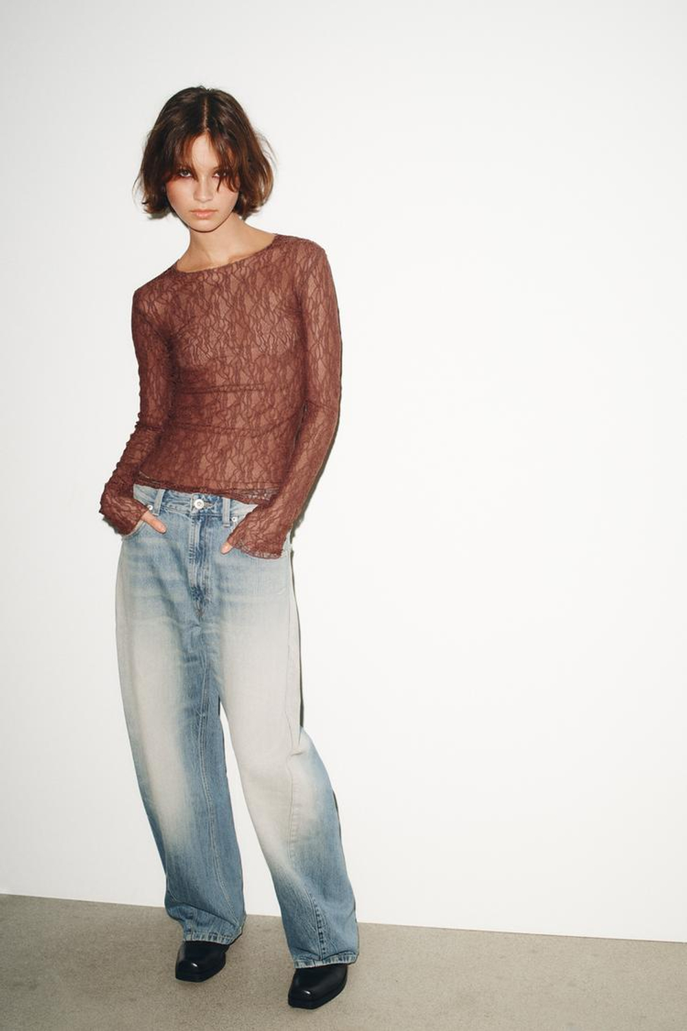 ZARA КРУЖЕВНОЙ ТОП С ДЛИННЫМИ РУКАВАМИ, КОРИЧНЕВЫЙ МЕЛАНЖ