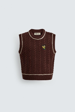 ZARA X DISNEY ТРИКОТАЖНЫЙ ЖИЛЕТ С НАШИВКОЙ PLUTO, КОРИЧНЕВЫЙ