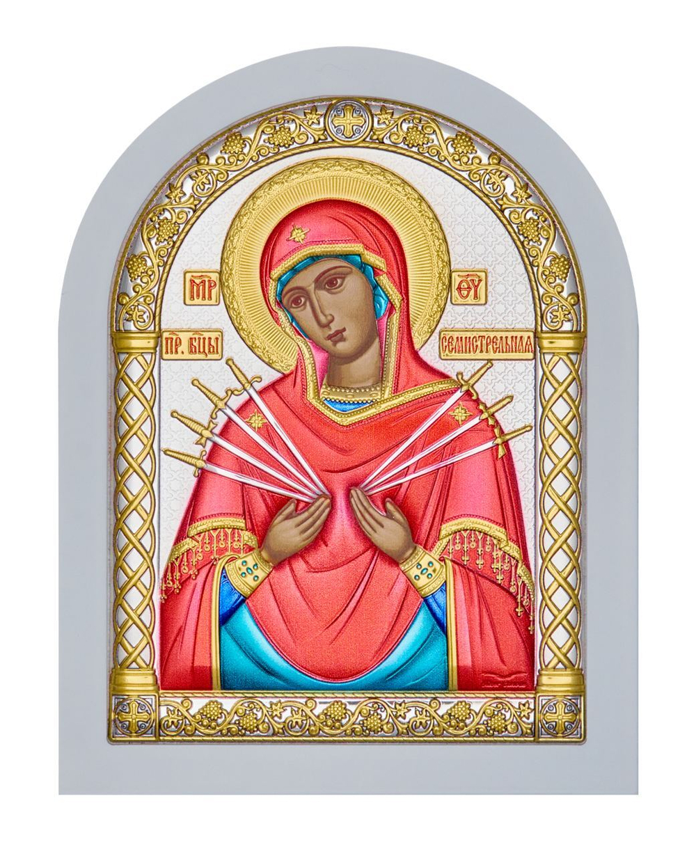Семистрельная БМ, икона арочная, белое дерево, эмаль 105х140