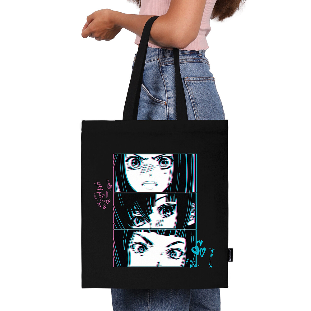 Сумка шоппер BRAUBERG PREMIUM канвас 40х35 см на кнопке карман черный "Anime face" (2 штуки в упаковке)