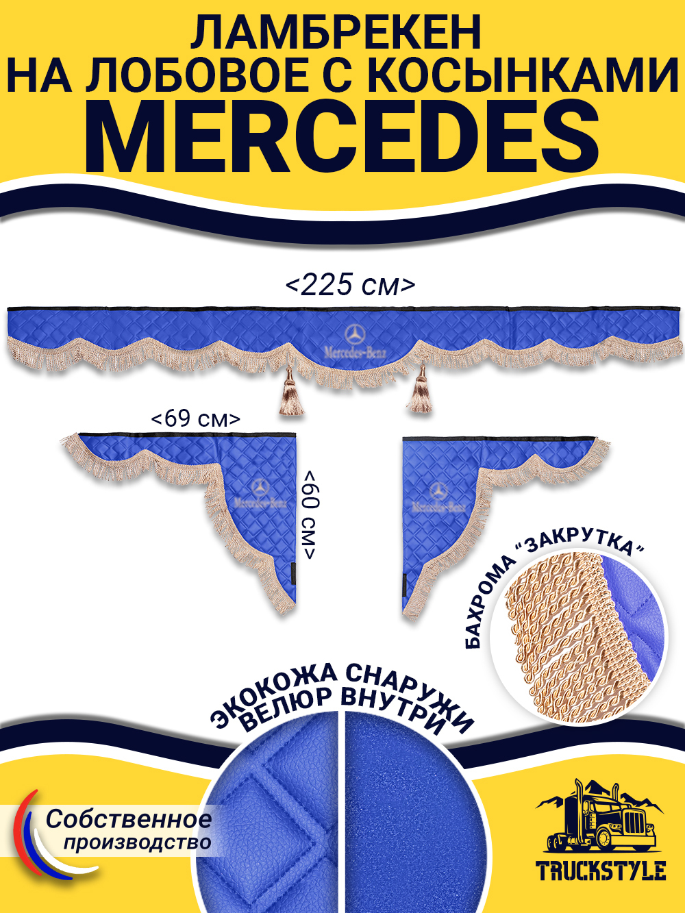 Ламбрекен с косынками стеганые Mercedes (экокожа, синий, бежевая бахрома "закрутка")