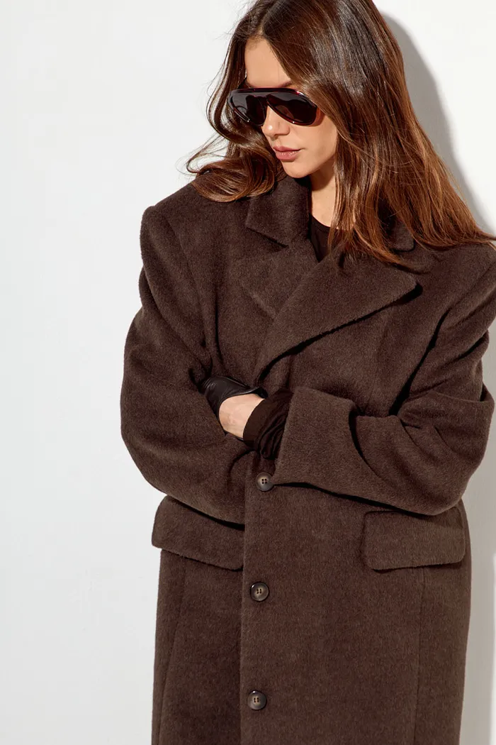 Пальто с шерстью прямого кроя цвета шоколад