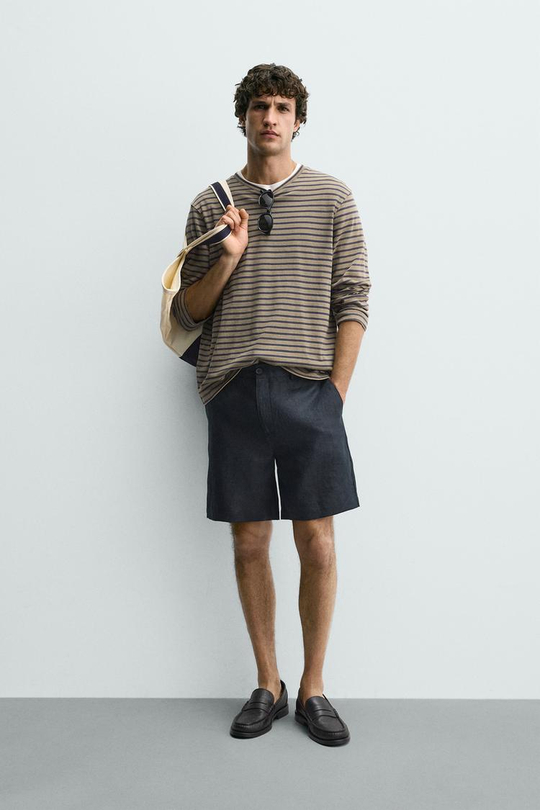 ZARA БЕРМУДЫ ИЗ 100% ЛЬНА КЛАССИЧЕСКОГО КРОЯ, МОРСКОЙ СИНИЙ