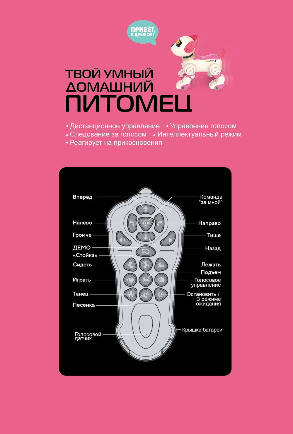 Интерактивная Робот Собака Акробат Дружок BG1536 V2 , управление голосом , цвет розовый ,(русская озвучка), обновленная модель bg1533