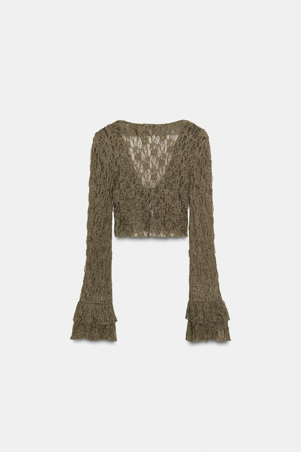 ZARА УКОРОЧЕННЫЙ КАРДИГАН С КРУЖЕВОМ И ВОЛАНАМИ, СЕРО-КОРИЧНЕВЫЙ