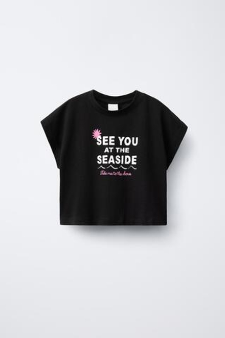 ZARA ФУТБОЛКА С ПРИНТОМ, ЧЕРНЫЙ