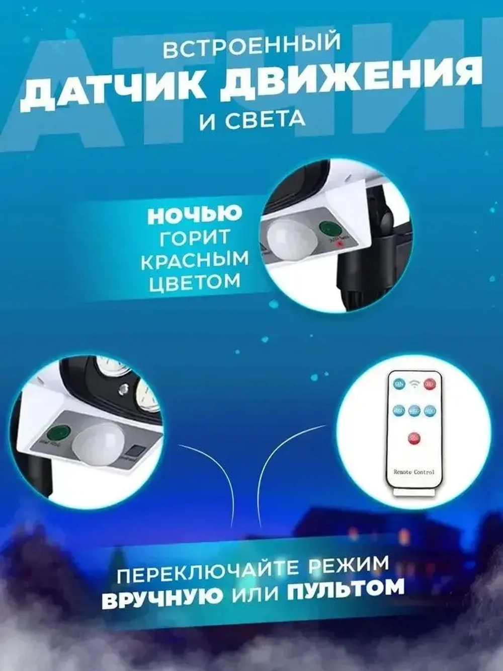Прожектор светодиодный уличный с датчиком движения , настенный , муляж камеры на пульте управления , светильник на солнечной батарее