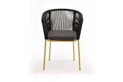 "Марсель" стул плетеный из роупа, каркас из стали золотой глянец, роуп темно-серый круглый, ткань серая