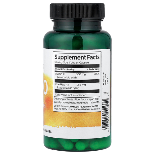 Swanson, C-500, витамин C с шиповником, 100 веганских капсул