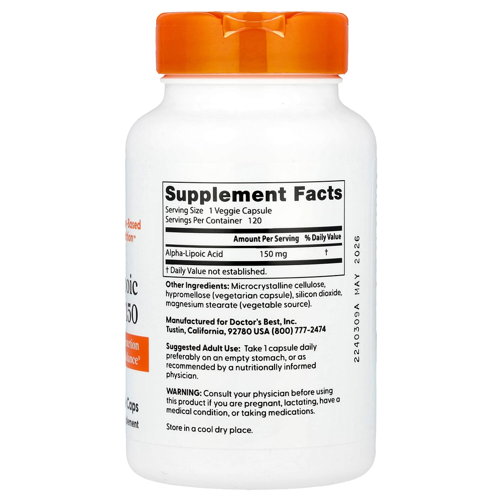 Doctor's Best, альфа-липоевая кислота 150, 150 мг, 120 растительных капсул