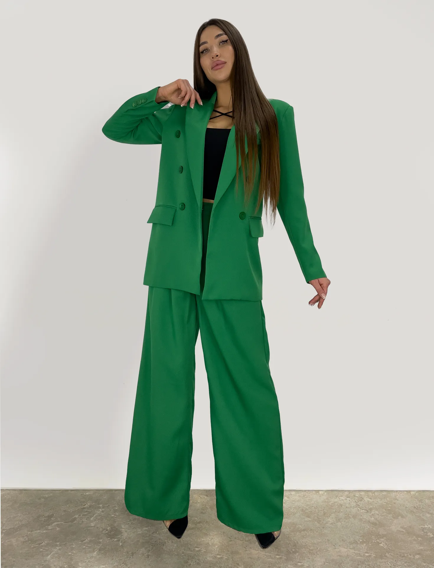 Костюм классический Classik Style 42 из двубортного пиджака и брюк-палаццо\Зеленый Nadya