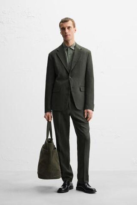 ZARA КОСТЮМНЫЙ БЛЕЙЗЕР ИЗ 100% ЛЬНА, ТЕМНЫЙ ХАКИ