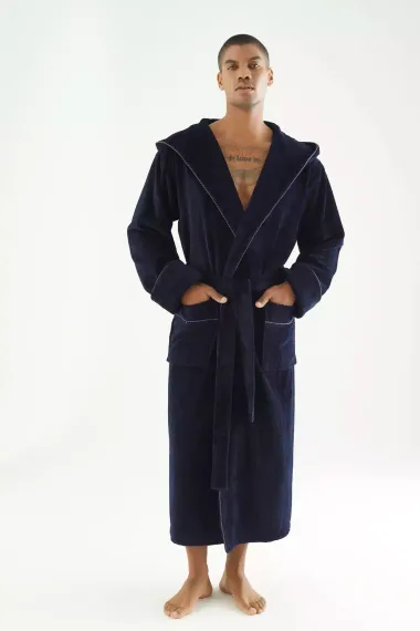 Махровый мужской халат 7230 темно-синий  Nusa Турция