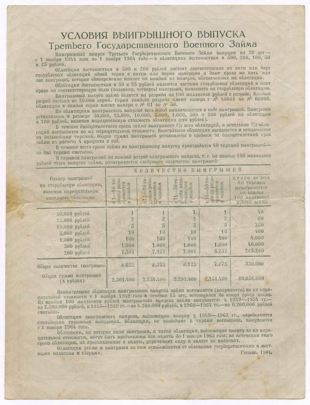 Облигация 100 рублей 1944 год. 3-ий государственный военный заем. Серия 059486. VF