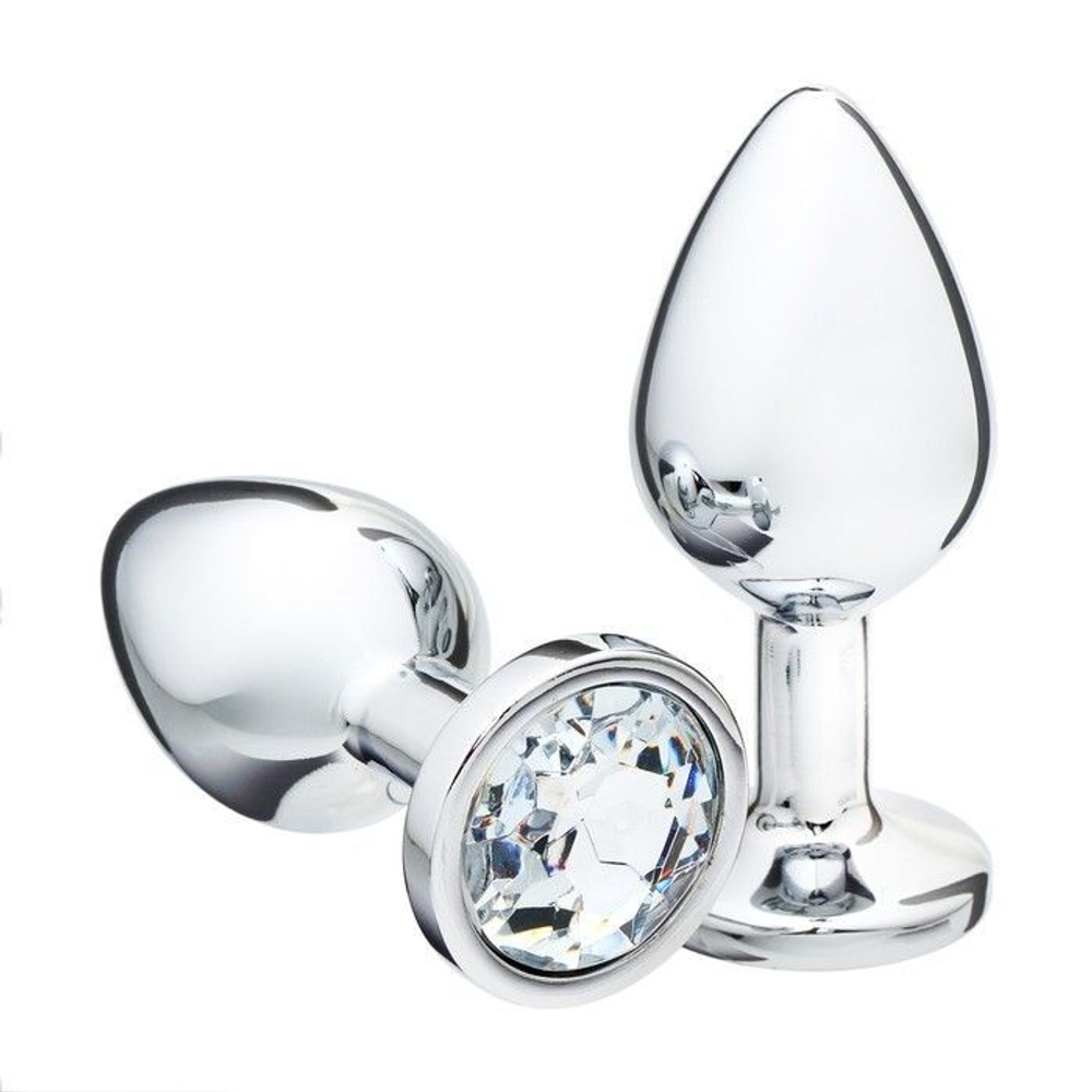 Серебристая коническая анальная пробка с прозрачным кристаллом - 9,5 см. (Цвет: прозрачный)