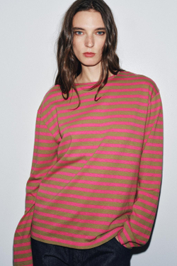 ZARA ФУТБОЛКА В ПОЛОСКУ С ДЛИННЫМИ РУКАВАМИ, ОТТЕНКИ РОЗОВОГО