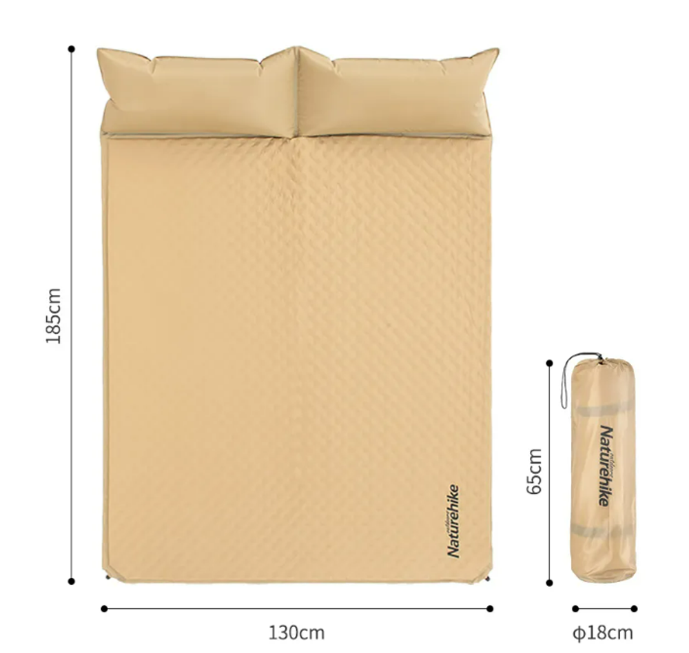Коврик самонадувающийся с подушкой Naturehike, 185х130х2,5 см, двойной, желтый
