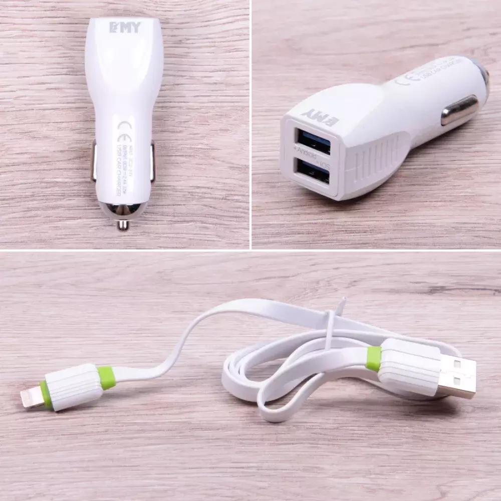 AЗУ с кабелем micro USB 2.4А 2USB MY-112 EMY (белый), автомобильное зарядное устройство