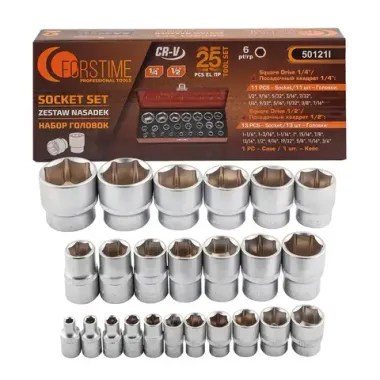 Головки 1/4'', 1/2'', набор 25пр. FORSTIME FT-50121I