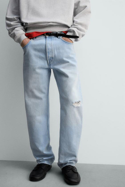 ZARA ДЖИНСЫ STRAIGHT FIT С РАЗРЕЗАМИ, ГОЛУБОЙ
