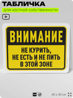 Табличка для частной территории "Внимание, не курить, не есть и не пить в этой зоне", на дом, для участка и организаций, предупреждающая, 40х30 см, Silver Plane x Айдентика Технолоджи