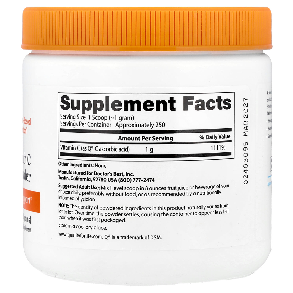 Doctor's Best, чистый порошок витамина C с Q®-C, 250 г (8,8 унции)