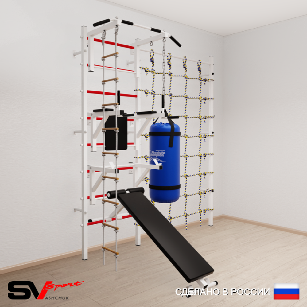 Шведская стенка Sv Sport усиленная 69230 (Турник стандарт/Брусья/Стойка/Скамья/Лестница/Цепь/Мешок 30кг/Канатный лаз)
