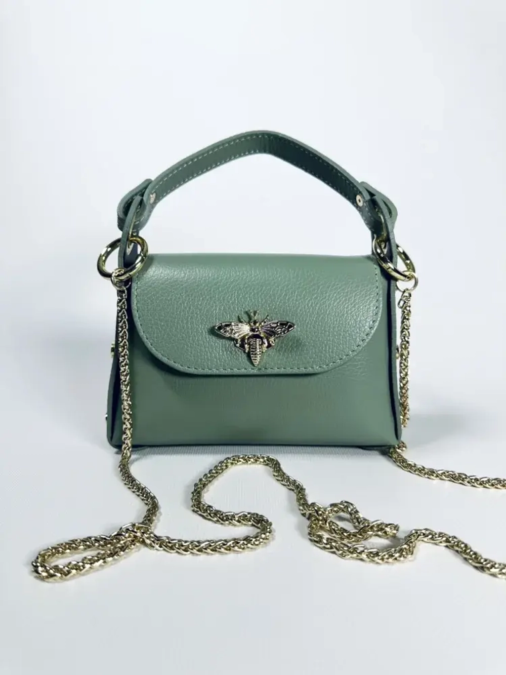 Женская сумочка с застежкой-пчелкой из натуральной кожи мятного цвета