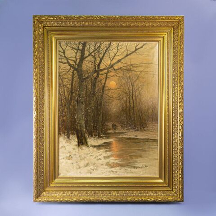 Винтаж: Антикварная картина «Прогулка в зимнем лесу»