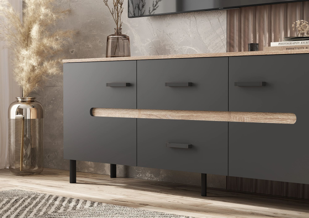 Тумба под телевизор напольная Металл сонома/Бетон графит 160х42х65