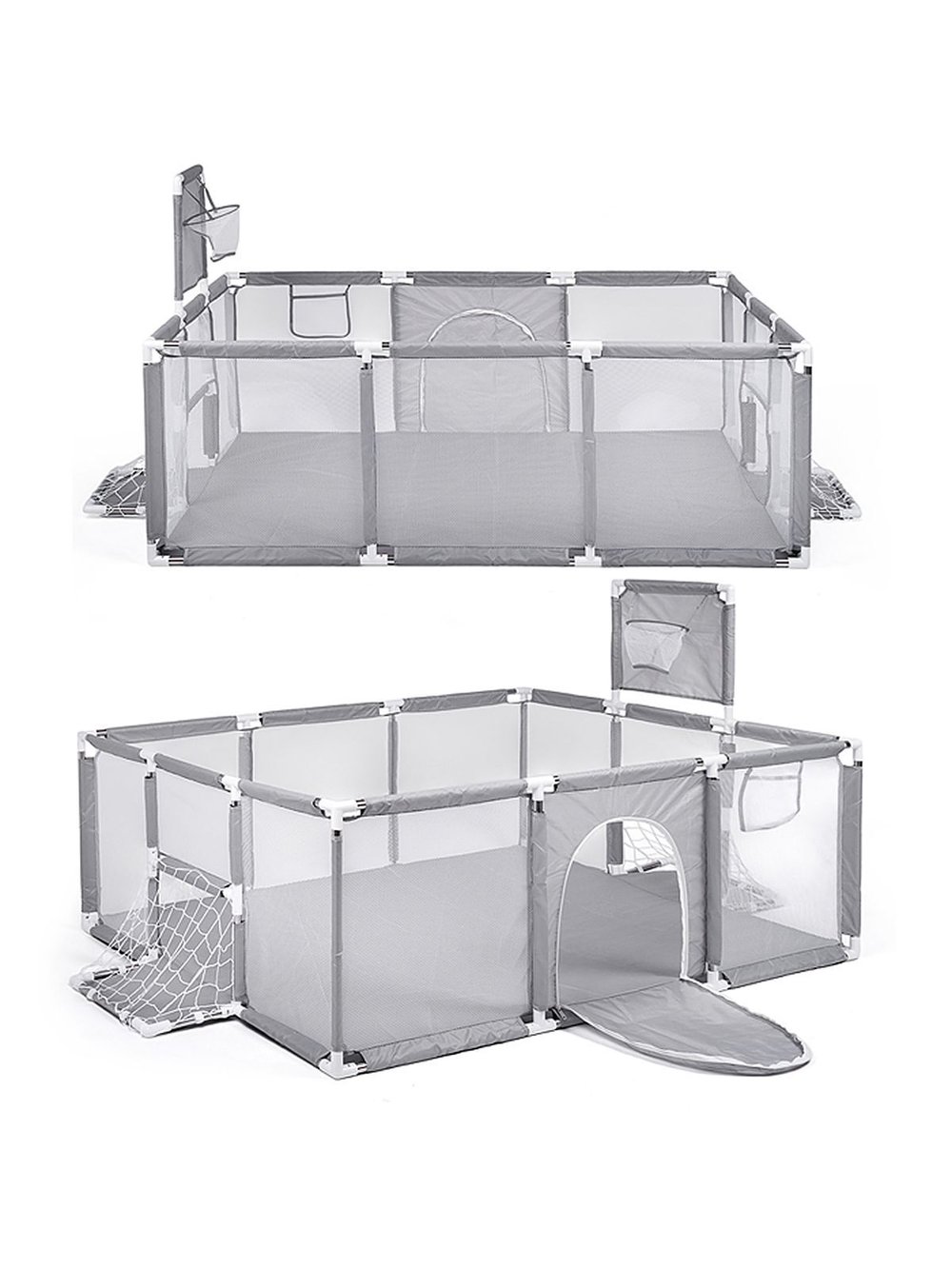 Манеж детский прямоугольный с баскетбольным кольцом и воротами (120*180*60) цвет серый (М11-2)