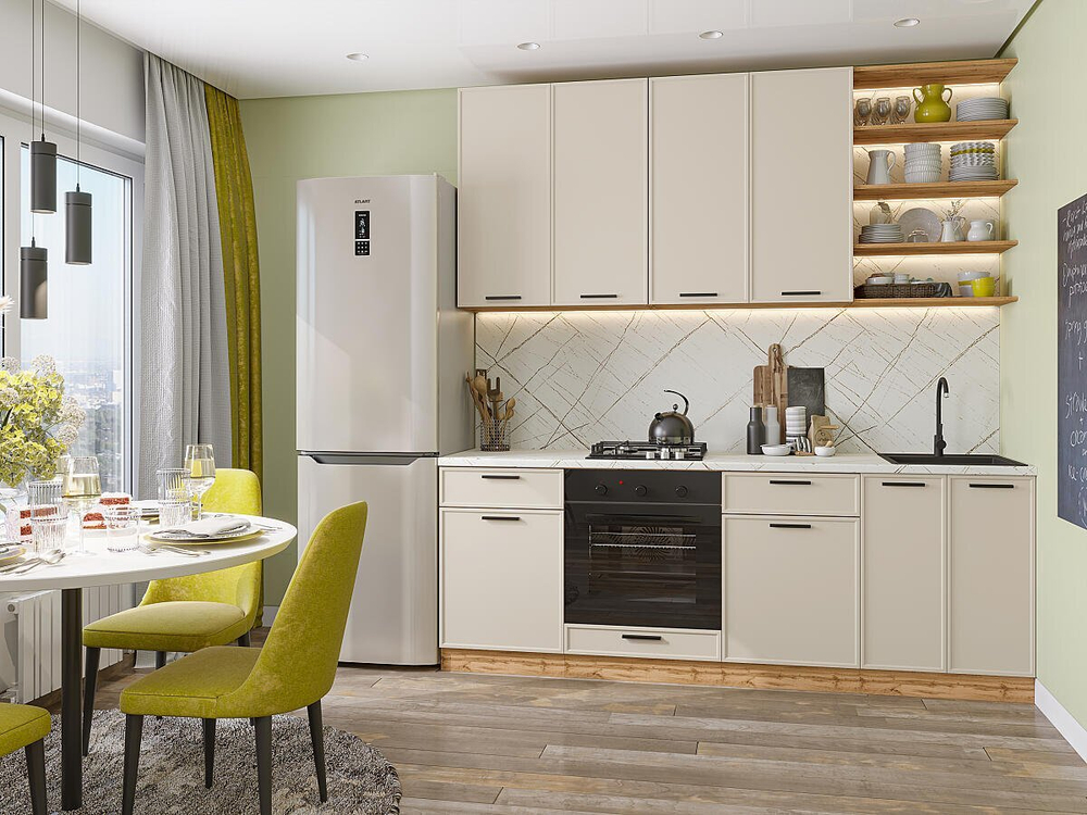 Прямая модульная кухня Фрейм-02 Cream Silk - Дуб Вотан 2340*2200*600