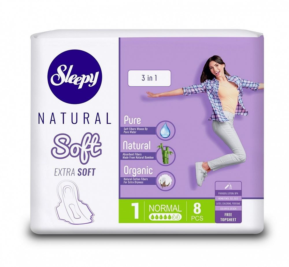 Sleepy Natural Прокладки женские гигиенические SOFT EXTRA SOFT 3 в 1 Normal (5 кап) 8 шт