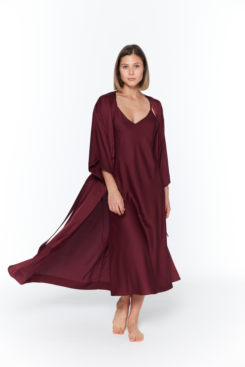 Шелковый халат-кимоно бордо