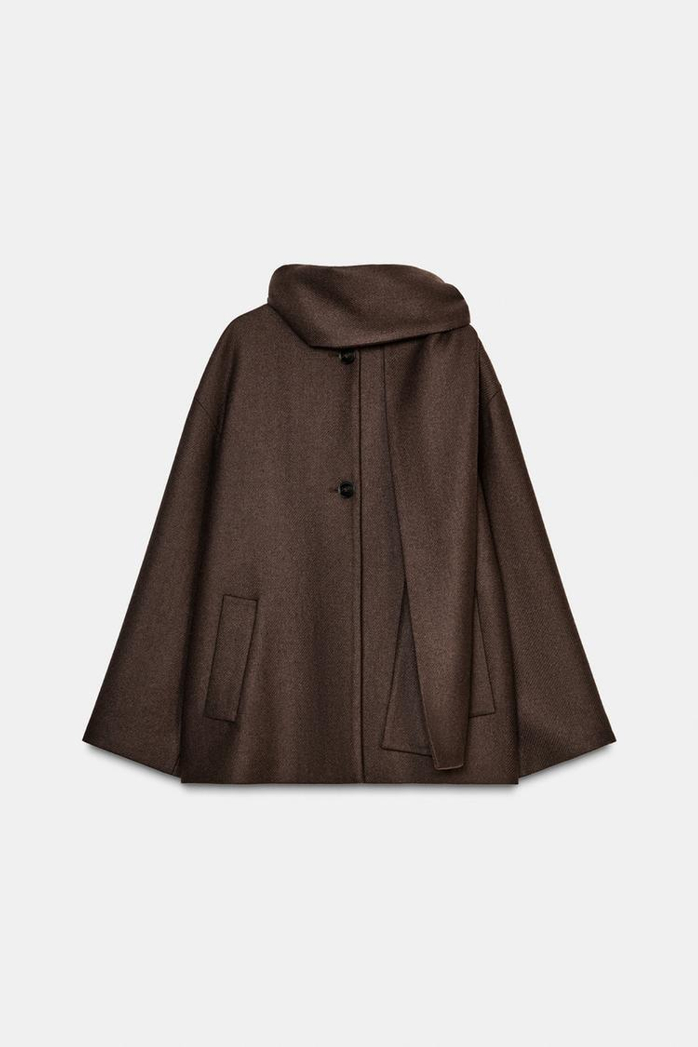 ZARA КОРОТКОЕ ПАЛЬТО ИЗ СМЕСОВОЙ ШЕРСТИ С ШАРФОМ, КОРИЧНЕВЫЙ