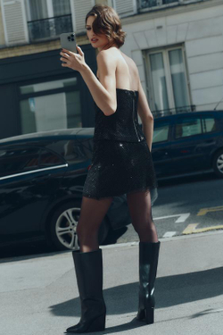 ZARA МИНИ-ЮБКА С СЕТКОЙ И БУСИНАМИ, ЧЕРНЫЙ