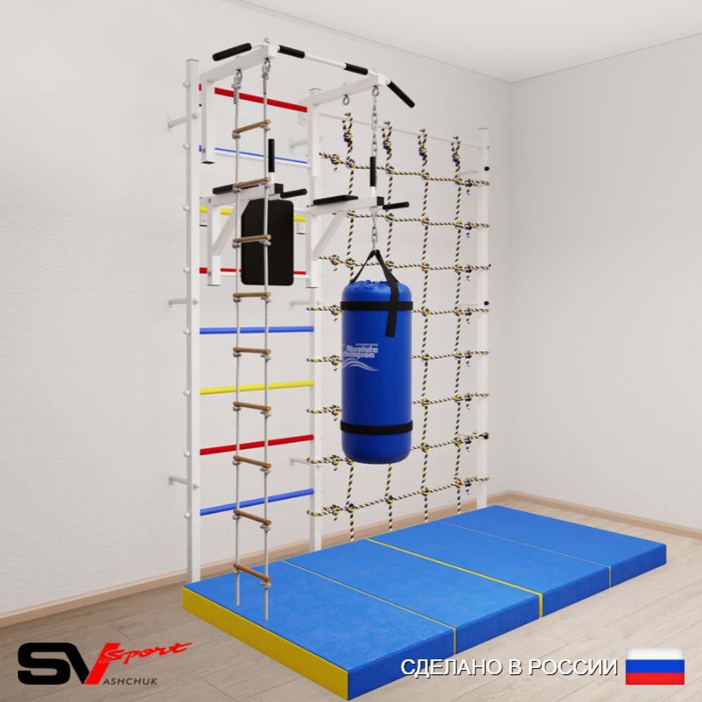 Шведская стенка Sv Sport усиленная 67250 (Турник стандарт/Брусья/Лестница/Цепь/Мешок 15кг/Мат 2м/Канатный лаз)
